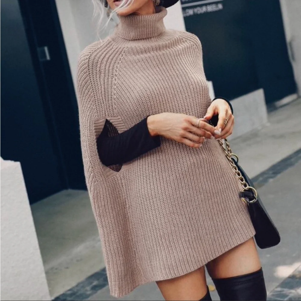 Cozy Turtleneck Knit Poncho Sweater Top Winter S M L XL - Picture 5 of 5